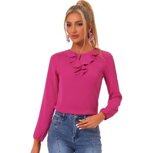 imageAllegra K Womens Vintage Ruffle Neck Chiffon Printed Top Halloween Long Sleeve Casual Office BlouseFushciasolid