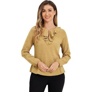 imageAllegra K Womens Vintage Ruffle Neck Chiffon Printed Top Halloween Long Sleeve Casual Office BlouseKhakipolka Dots