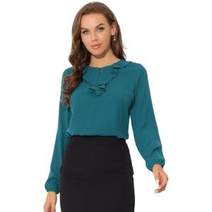 imageAllegra K Womens Vintage Ruffle Neck Chiffon Printed Top Halloween Long Sleeve Casual Office BlousePeacock Bluepolka Dots