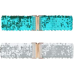 imageAllegra K Womens Wide Waist Belts Interlock Buckles Sequins Decor Shinny Stretchy Belts 2PCSBlue