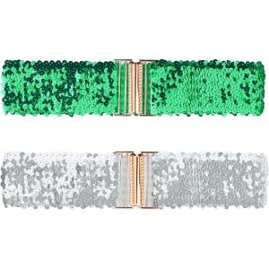 imageAllegra K Womens Wide Waist Belts Interlock Buckles Sequins Decor Shinny Stretchy Belts 2PCSGreen