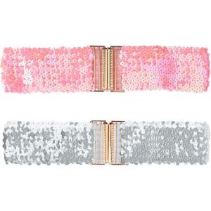 imageAllegra K Womens Wide Waist Belts Interlock Buckles Sequins Decor Shinny Stretchy Belts 2PCSPink