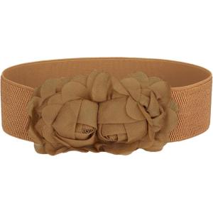 imageuxcell Chiffon Flowers Press Stud Button Elastic Textured Band Waist Belt for LadiesBrown