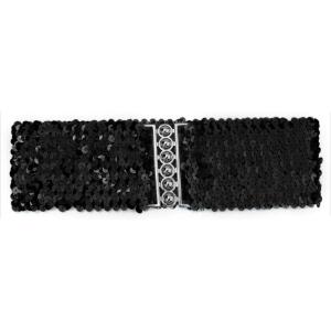 imageuxcell Ladies Sequins Decor Metal Interlocking Buckles Elastic Waist BeltBlack