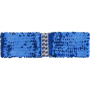 imageuxcell Ladies Sequins Decor Metal Interlocking Buckles Elastic Waist BeltBlue