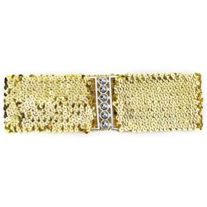 imageuxcell Ladies Sequins Decor Metal Interlocking Buckles Elastic Waist BeltGold