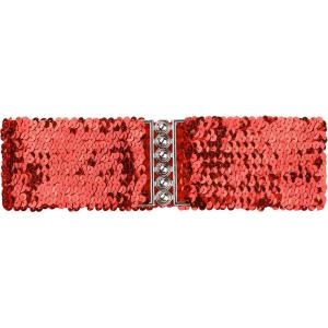 imageuxcell Ladies Sequins Decor Metal Interlocking Buckles Elastic Waist BeltRed