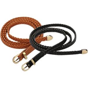 imageuxcell Women Skinny Braided Belt Woven  Pin Buckle Casual Waist Belt for DressesKhakiblack
