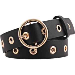 imageuxcell Womens Leather Belt for Jeans Dress Pants Studded Grommet with Circle Metal BuckleBlack