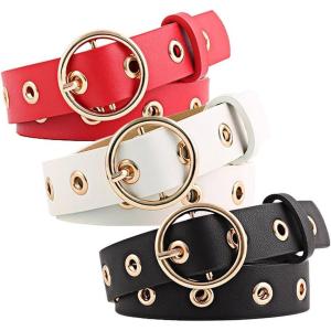 imageuxcell Womens Leather Belt for Jeans Dress Pants Studded Grommet with Circle Metal BuckleBlackredwhite