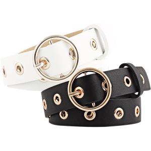 imageuxcell Womens Leather Belt for Jeans Dress Pants Studded Grommet with Circle Metal BuckleBlackwhite
