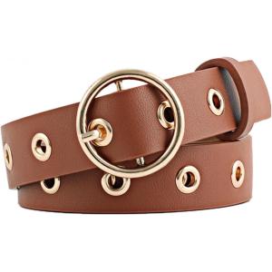 imageuxcell Womens Leather Belt for Jeans Dress Pants Studded Grommet with Circle Metal BuckleCamel
