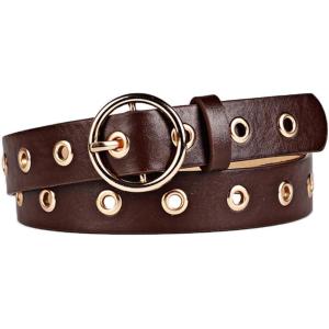 imageuxcell Womens Leather Belt for Jeans Dress Pants Studded Grommet with Circle Metal BuckleDark Brown