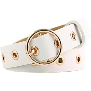 imageuxcell Womens Leather Belt for Jeans Dress Pants Studded Grommet with Circle Metal BuckleWhite