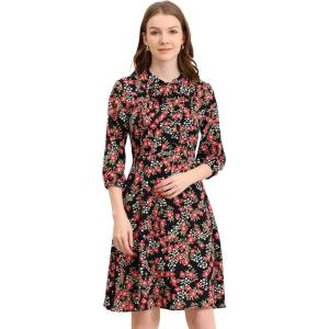 imageAllegra K Floral Dress for Womens Tie Neck 34 Sleeve Work Midi Flowy Flare Dress