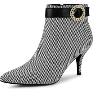 imageAllegra K Womens Buckle Plaid Stiletto Heels Houndstooth Ankle BootsBlack White