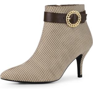 imageAllegra K Womens Buckle Plaid Stiletto Heels Houndstooth Ankle BootsKhaki
