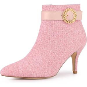 imageAllegra K Womens Buckle Plaid Stiletto Heels Houndstooth Ankle BootsPink