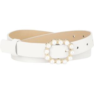 imageAllegra K Womens Pearl Waistband Skinny Leather Adjustable Pin Buckle Belt for Jeans Dresses PantsWhite