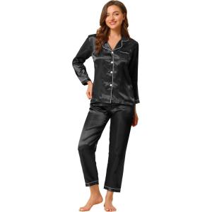 imageAllegra K Womens Satin Night Suits Valentines Day Button Down with Pants Silky Lounge Pajama SetsBlack
