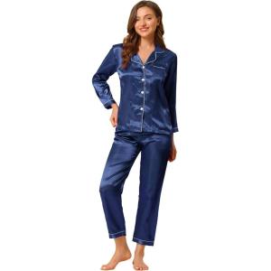 imageAllegra K Womens Satin Night Suits Valentines Day Button Down with Pants Silky Lounge Pajama SetsDark Blue