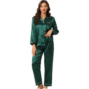 imageAllegra K Womens Satin Night Suits Valentines Day Button Down with Pants Silky Lounge Pajama SetsDark Green