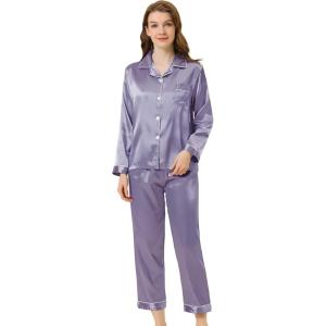 imageAllegra K Womens Satin Night Suits Valentines Day Button Down with Pants Silky Lounge Pajama SetsGray Purple