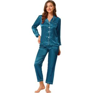 imageAllegra K Womens Satin Night Suits Valentines Day Button Down with Pants Silky Lounge Pajama SetsPeacock Blue