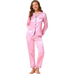 imageAllegra K Womens Satin Night Suits Valentines Day Button Down with Pants Silky Lounge Pajama SetsPink