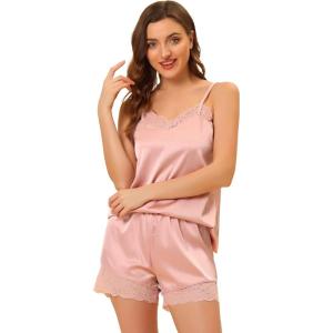 imageAllegra K Womens Satin Sleepwear Lace Trim Camisole Tops with Shorts Lounge Silky Pajama SetsPink