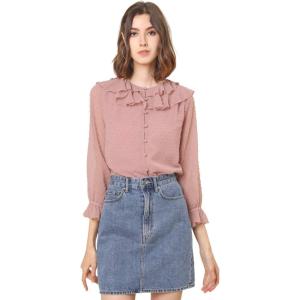 imageAllegra K Womens Swiss Dots Blouse Bracelet Sleeves Chiffon Boho Ruffle Neck TopsPink