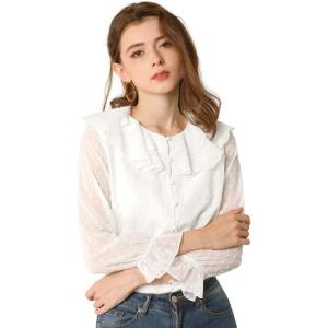 imageAllegra K Womens Swiss Dots Blouse Bracelet Sleeves Chiffon Boho Ruffle Neck TopsWhite