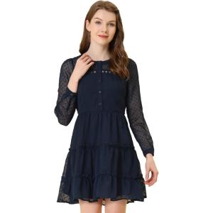 imageAllegra K Womens Swiss Dots Elastic Waist ALine Tiered Flowy Chiffon DressNavy Blue