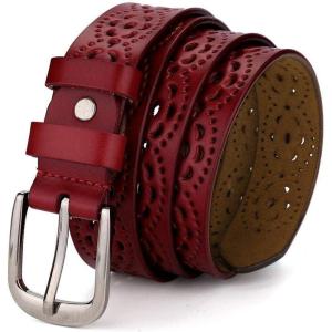 imageuxcell Hollow Floral Retro Vintage Faux Leather Belt With Buckle for WomenRed