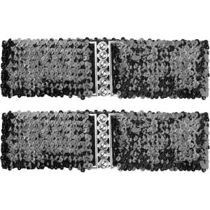 imageuxcell Ladies Sequins Decor Metal Interlooking Buckles Elastic Waist BeltBlack  Black