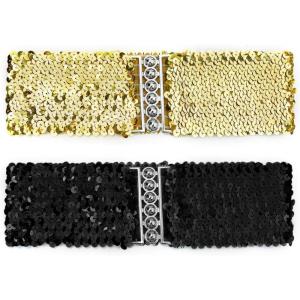 imageuxcell Ladies Sequins Decor Metal Interlooking Buckles Elastic Waist BeltGold  Black