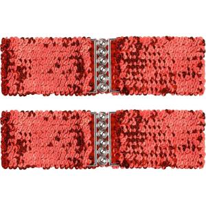 imageuxcell Ladies Sequins Decor Metal Interlooking Buckles Elastic Waist BeltRed  Red