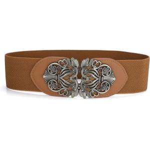 imageuxcell Wide Elastic Vintage High Stretchy Retro Waist Belt with Buckle for WomenBrown