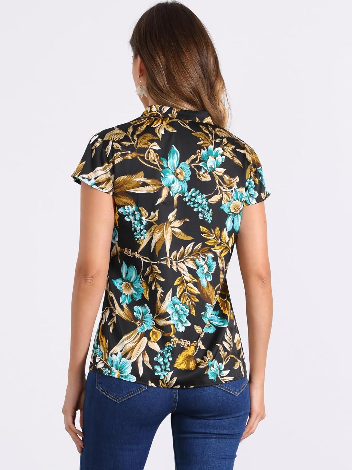 imageAllegra K Satin Work Blouses for Womens Floral Vintage Cap Sleeve Business Casual BlouseBlack