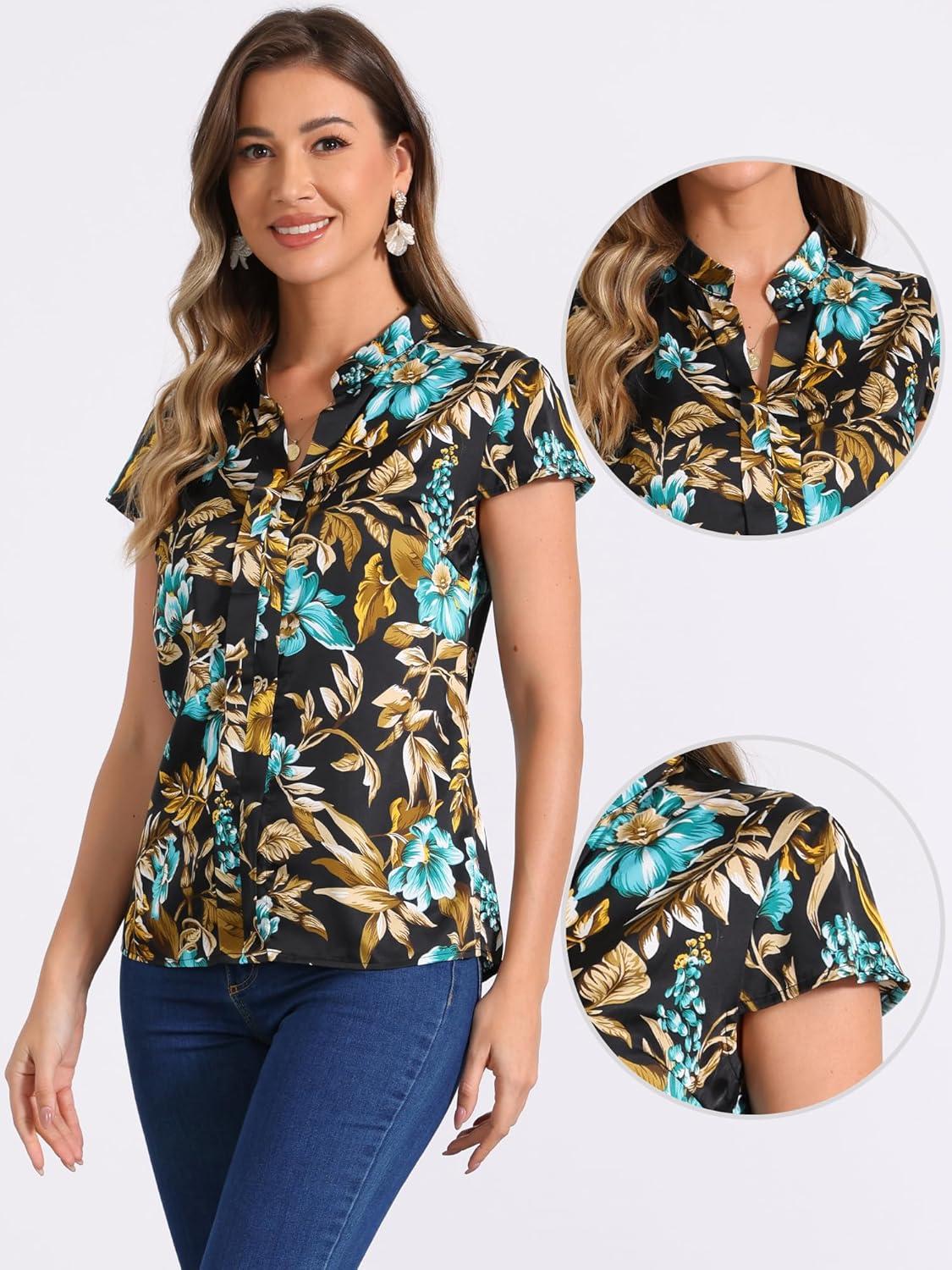 imageAllegra K Satin Work Blouses for Womens Floral Vintage Cap Sleeve Business Casual BlouseBlack