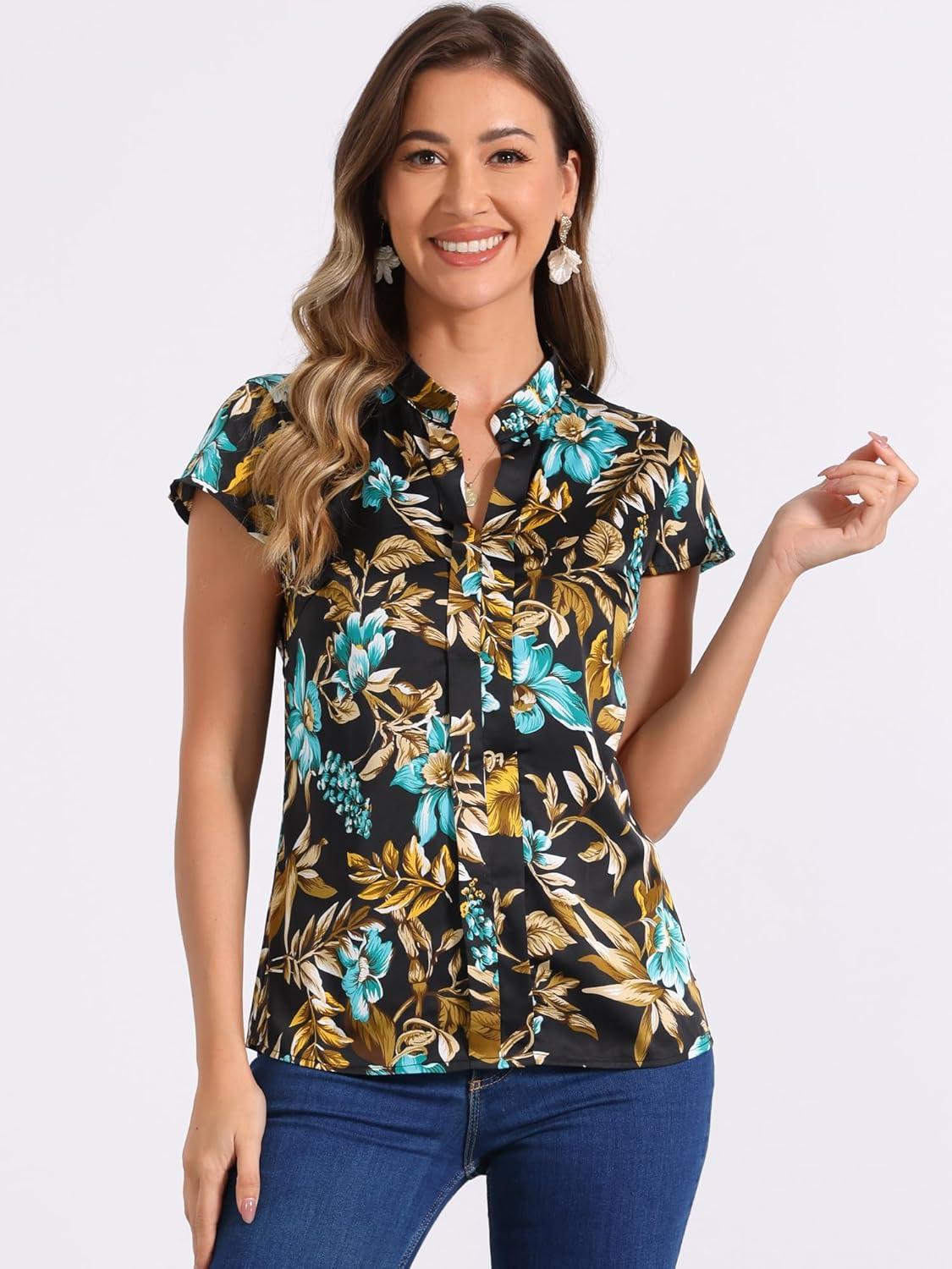 imageAllegra K Satin Work Blouses for Womens Floral Vintage Cap Sleeve Business Casual BlouseBlack