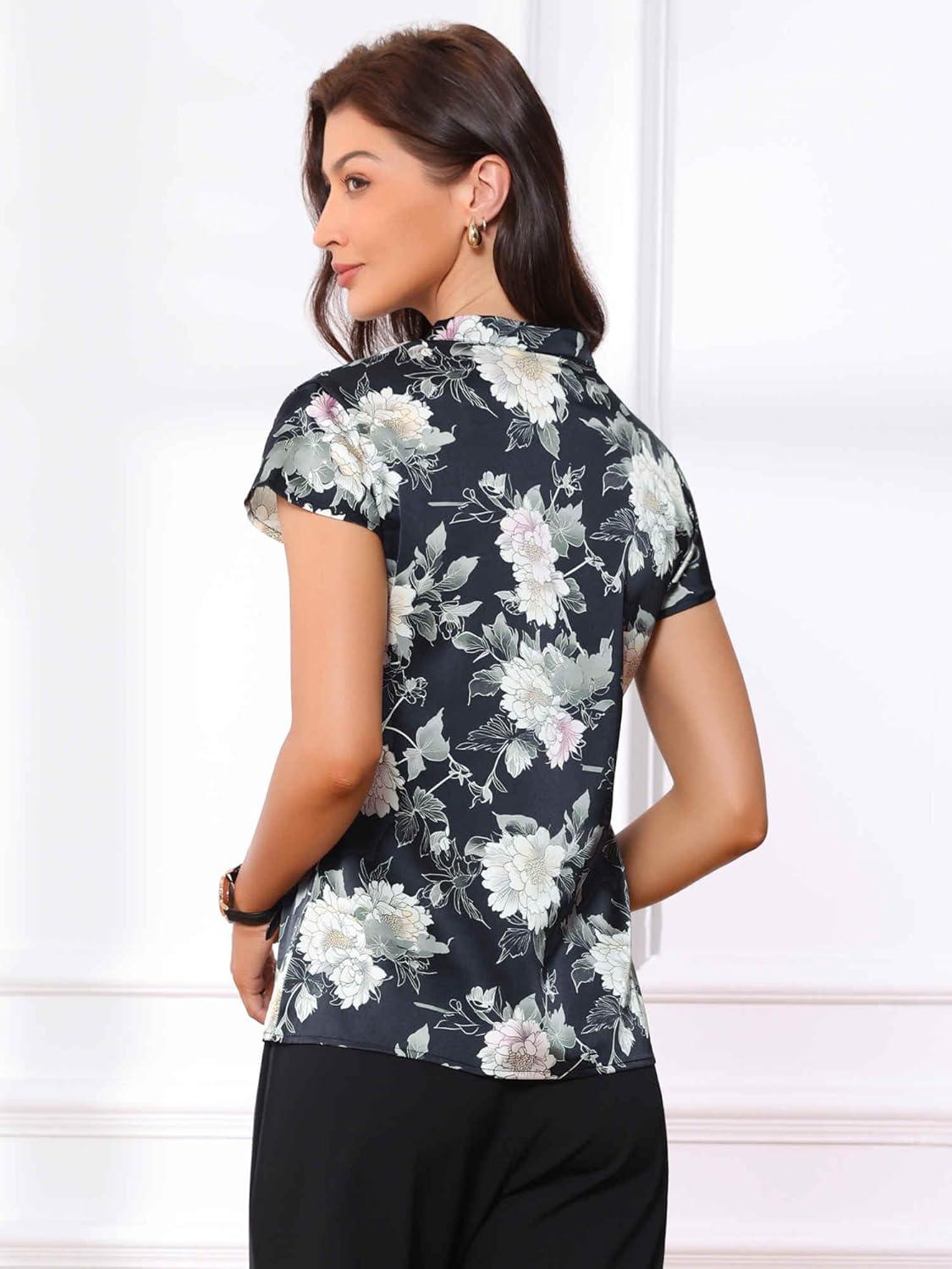 imageAllegra K Satin Work Blouses for Womens Floral Vintage Cap Sleeve Business Casual BlouseDark Blue