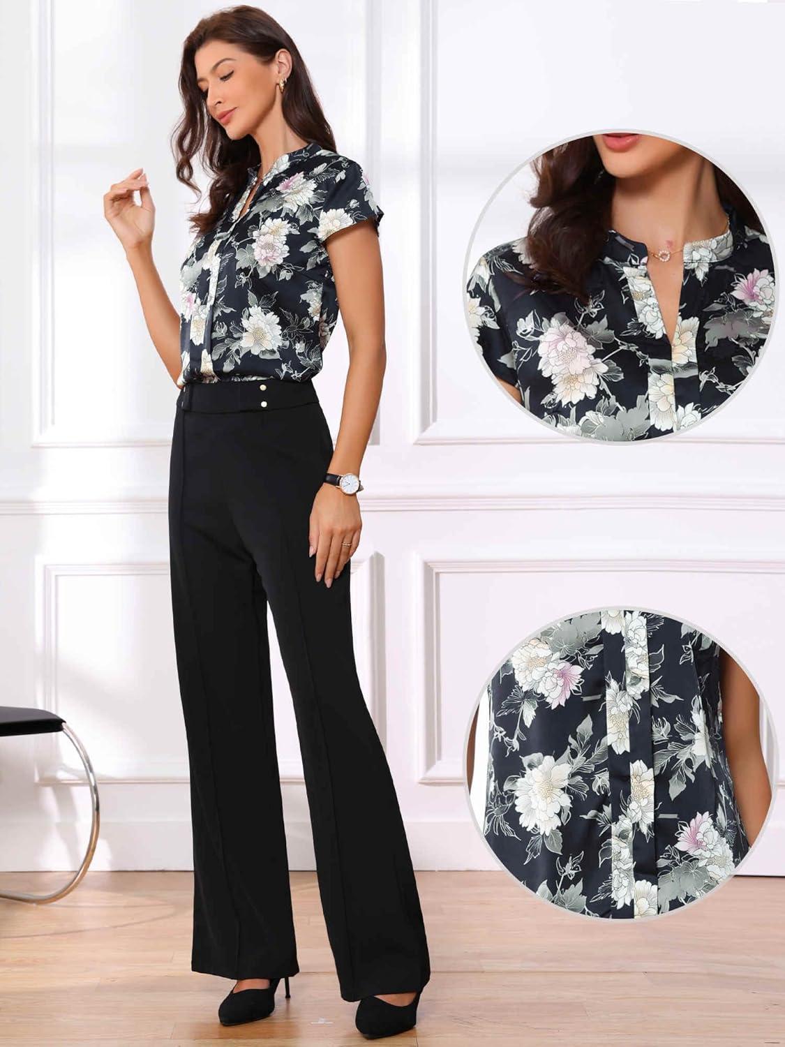 imageAllegra K Satin Work Blouses for Womens Floral Vintage Cap Sleeve Business Casual BlouseDark Blue