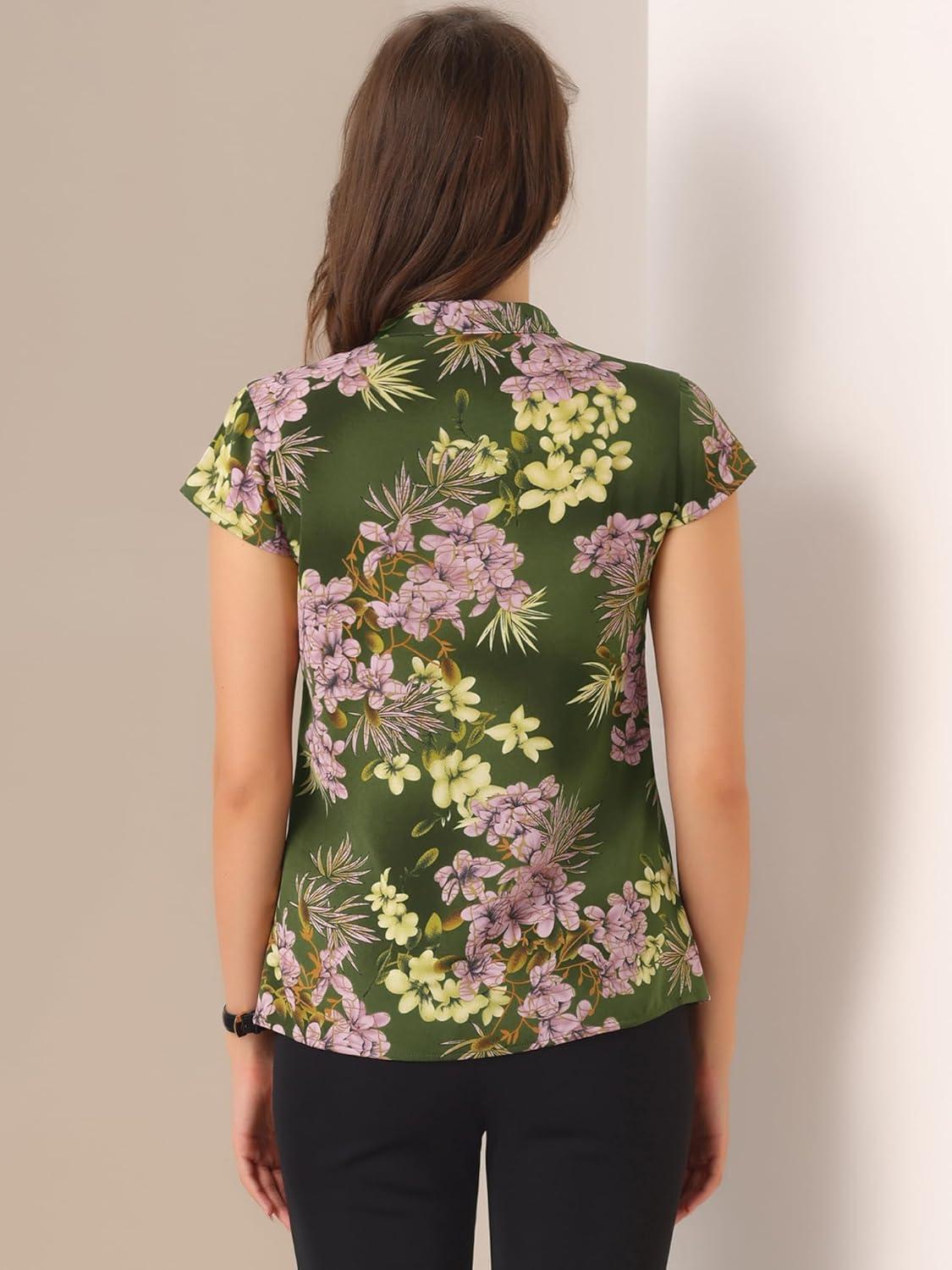 imageAllegra K Satin Work Blouses for Womens Floral Vintage Cap Sleeve Business Casual BlouseDark Green
