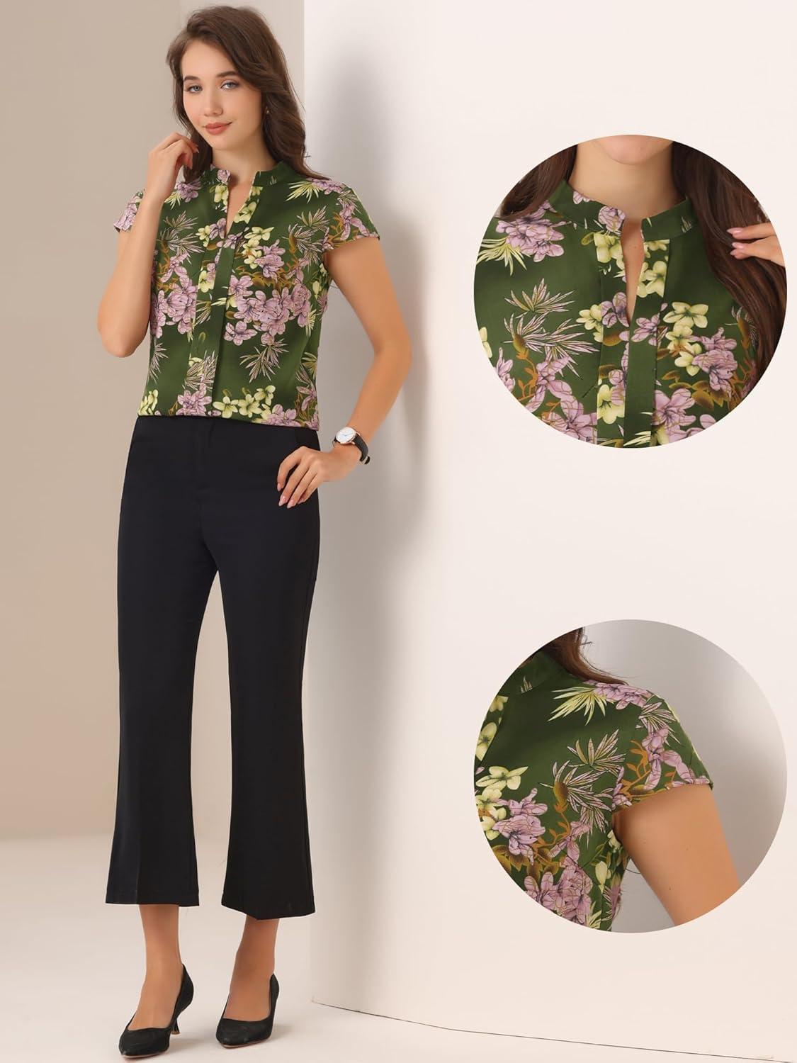 imageAllegra K Satin Work Blouses for Womens Floral Vintage Cap Sleeve Business Casual BlouseDark Green