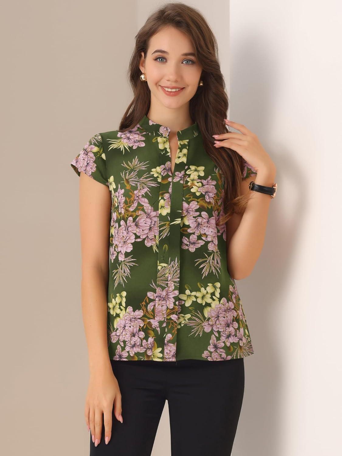 imageAllegra K Satin Work Blouses for Womens Floral Vintage Cap Sleeve Business Casual BlouseDark Green