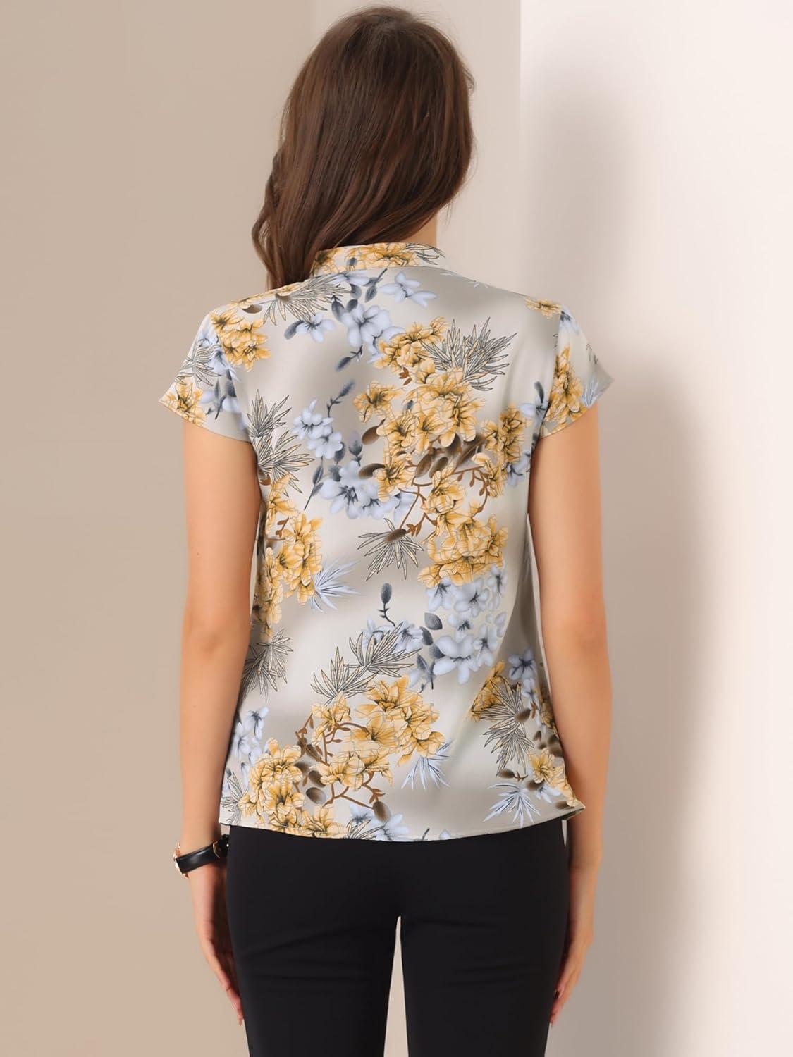 imageAllegra K Satin Work Blouses for Womens Floral Vintage Cap Sleeve Business Casual BlouseGray