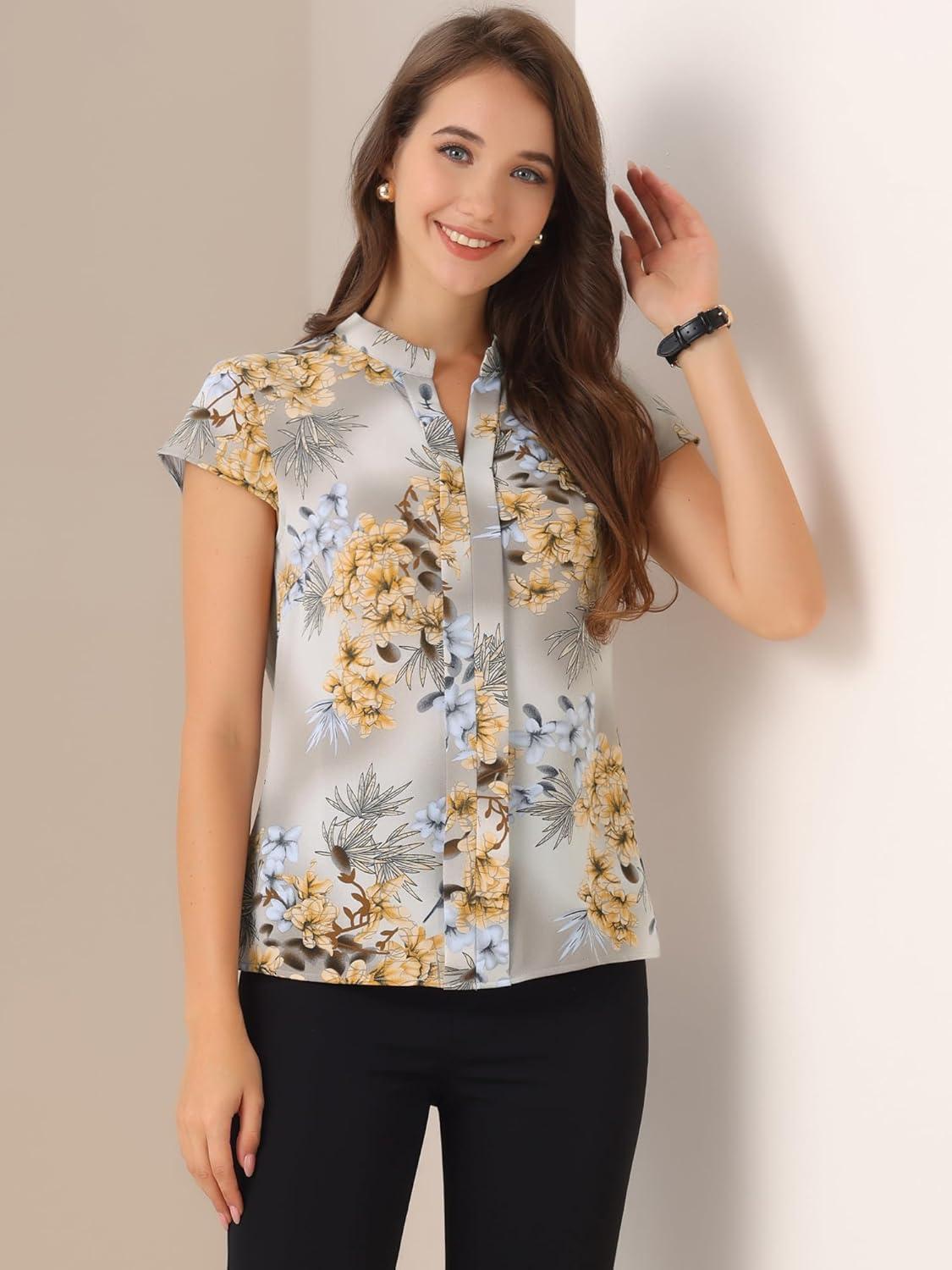 imageAllegra K Satin Work Blouses for Womens Floral Vintage Cap Sleeve Business Casual BlouseGray