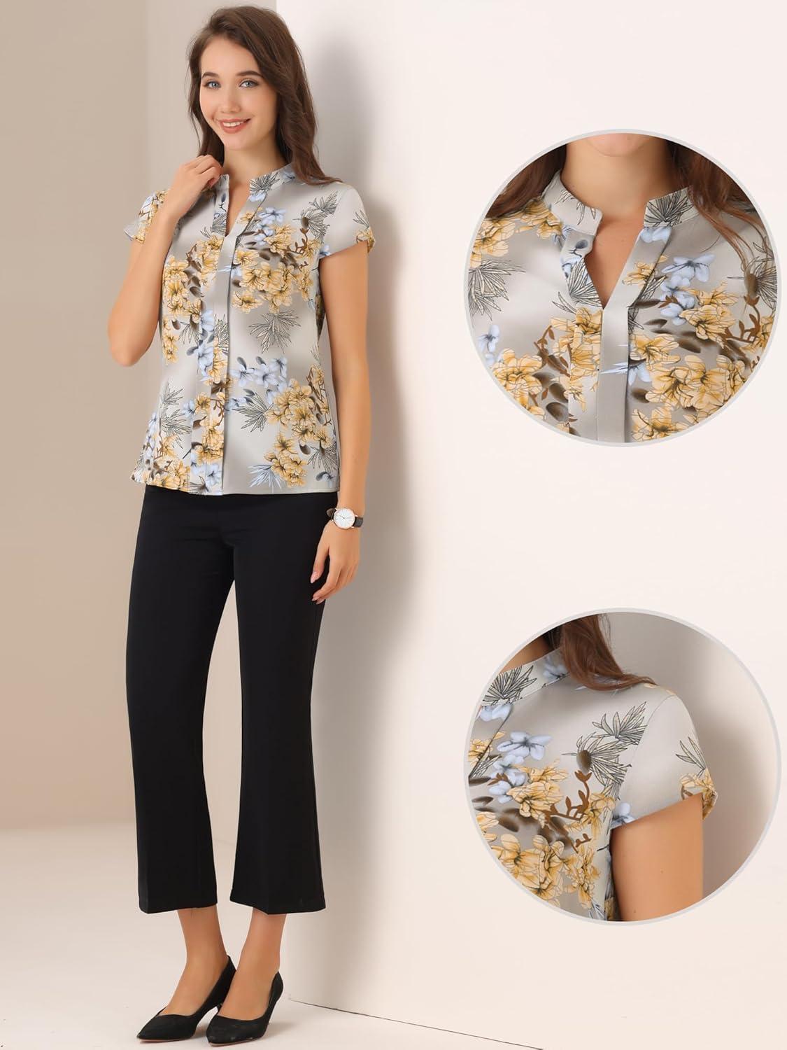 imageAllegra K Satin Work Blouses for Womens Floral Vintage Cap Sleeve Business Casual BlouseGray
