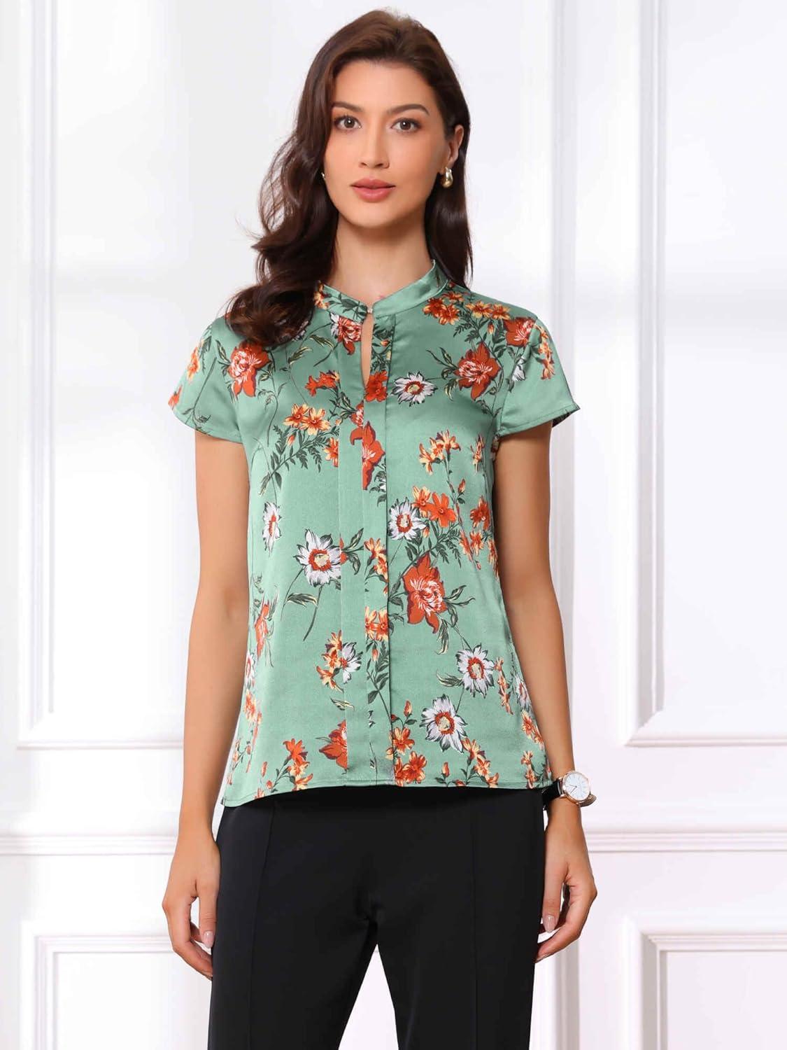imageAllegra K Satin Work Blouses for Womens Floral Vintage Cap Sleeve Business Casual BlouseGray Green